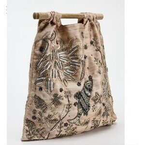 NWT Zara Beaded Bag Wooden Handle Boho Pink Sequin Embroidered Floral Evening
